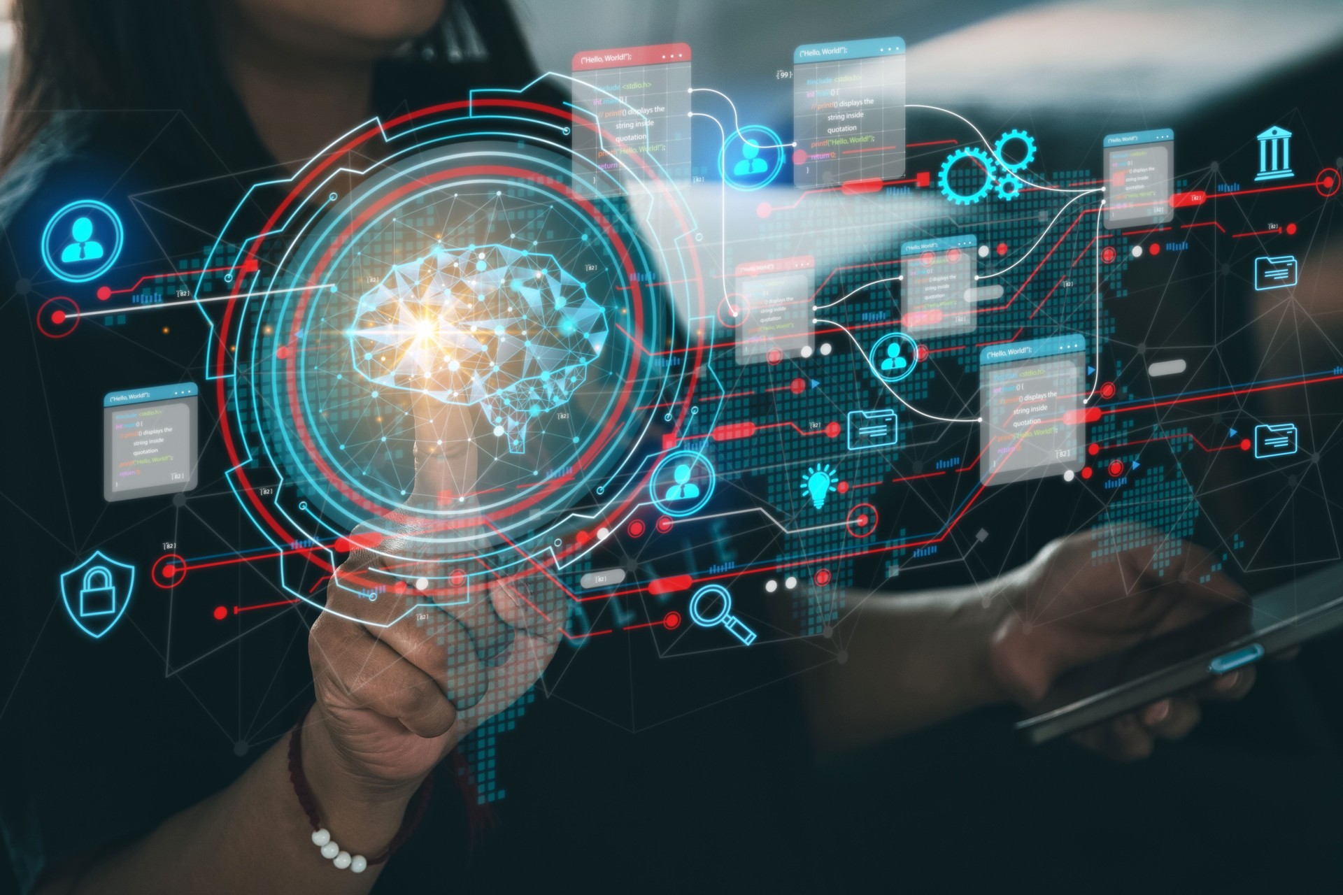 Person is touching a screen with a lot of icons. Concept of technology and the importance of understanding and using it digital internet. Cyber security network data on protection management concept.